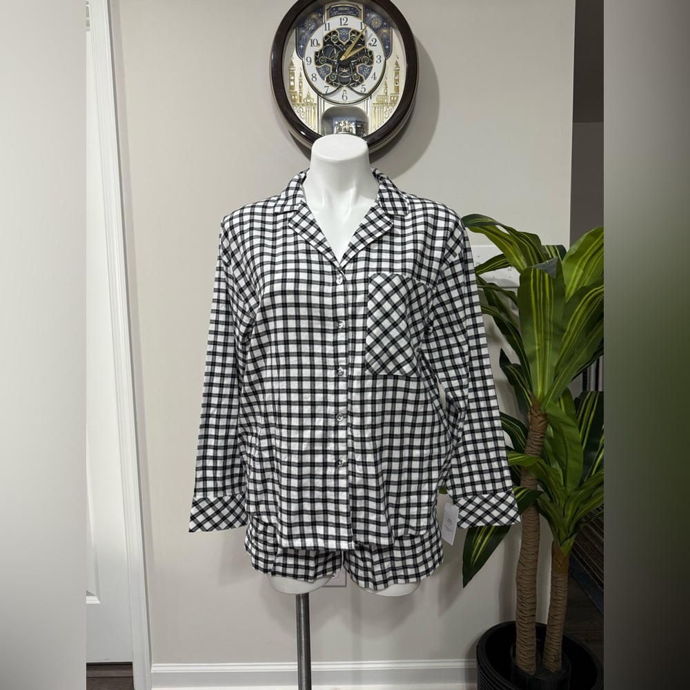 New Auden Women’s Long-Sleeve Top & Shorts Pajama Set black plaid XS S M L